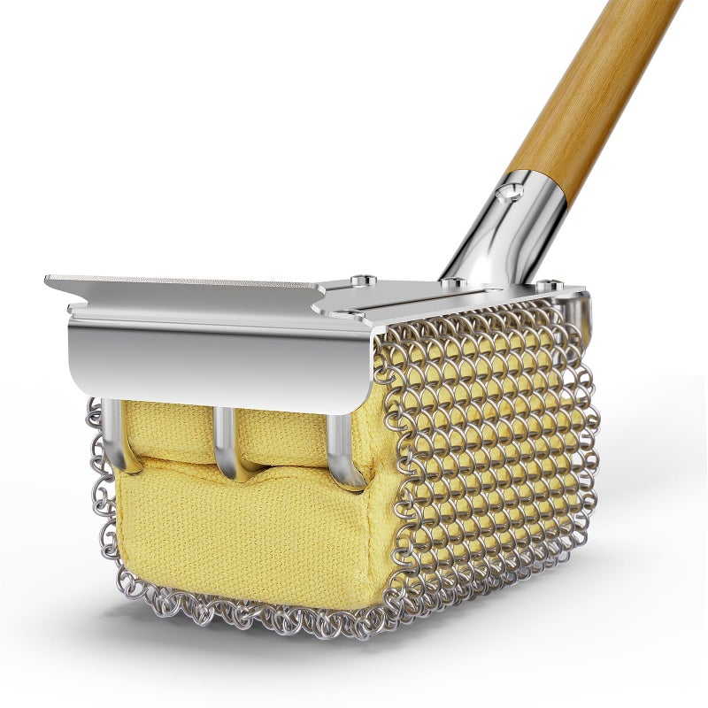 HOUSE AGAIN Grill Brush Bristle Free with Scraper, Safe Steam Cleaned Replaceable Head Fire Resistant Grill Cleaning Brush Strong Barbecue Brush Cleaner Non Wire for Outdoor Grill Grate/Wooden Handle - Image 1