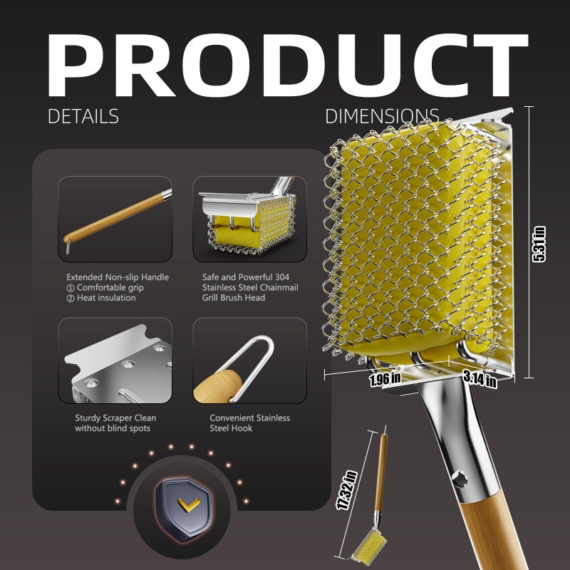 HOUSE AGAIN Grill Brush Bristle Free with Scraper, Safe Steam Cleaned Replaceable Head Fire Resistant Grill Cleaning Brush Strong Barbecue Brush Cleaner Non Wire for Outdoor Grill Grate/Wooden Handle - Image 2