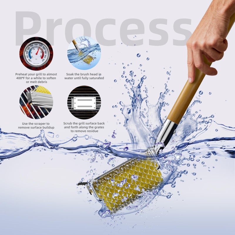 HOUSE AGAIN Grill Brush Bristle Free with Scraper, Safe Steam Cleaned Replaceable Head Fire Resistant Grill Cleaning Brush Strong Barbecue Brush Cleaner Non Wire for Outdoor Grill Grate/Wooden Handle - Image 5