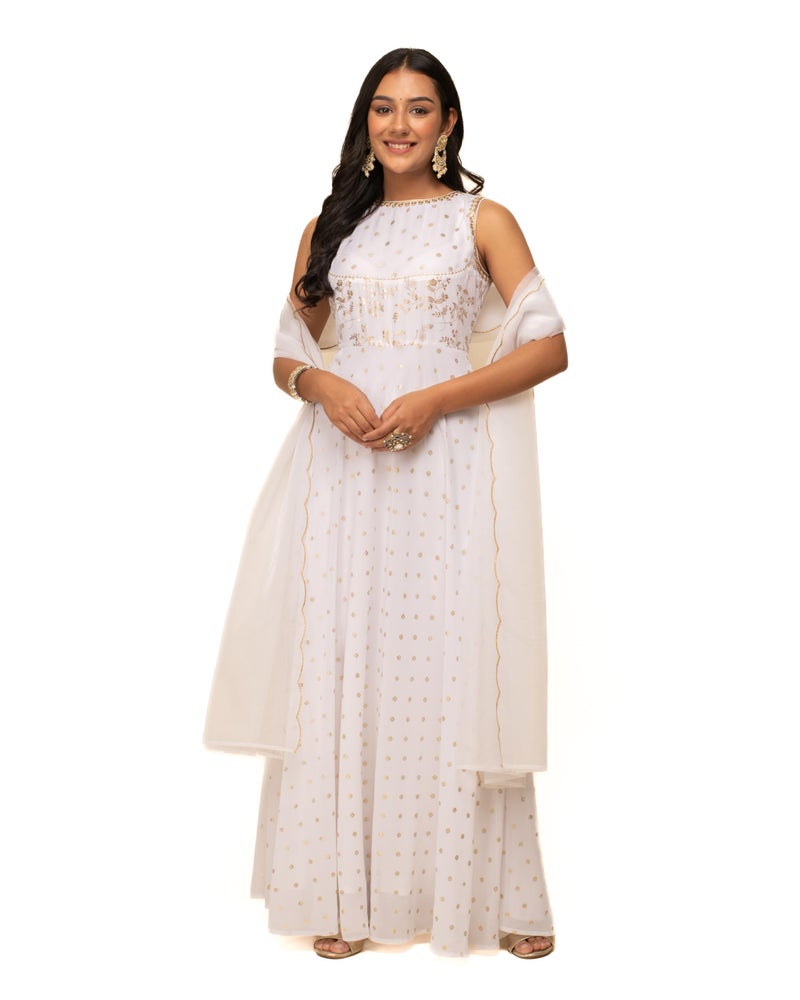 FIORRA Women's White Georgette Printed Gown with Dupatta SET0126 - Image 5