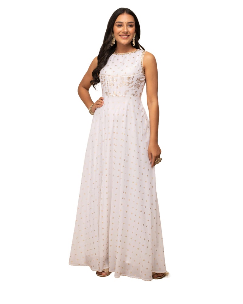 FIORRA Women's White Georgette Printed Gown with Dupatta SET0126 - Image 2