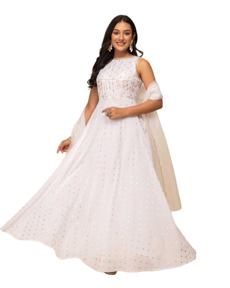 FIORRA Women's White Georgette Printed Gown with Dupatta SET0126 - Image 1