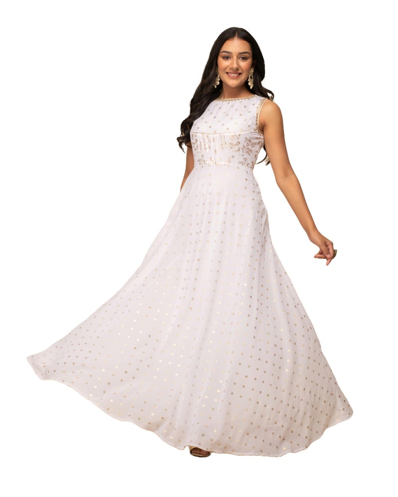 FIORRA Women's White Georgette Printed Gown with Dupatta SET0126 - Image 4