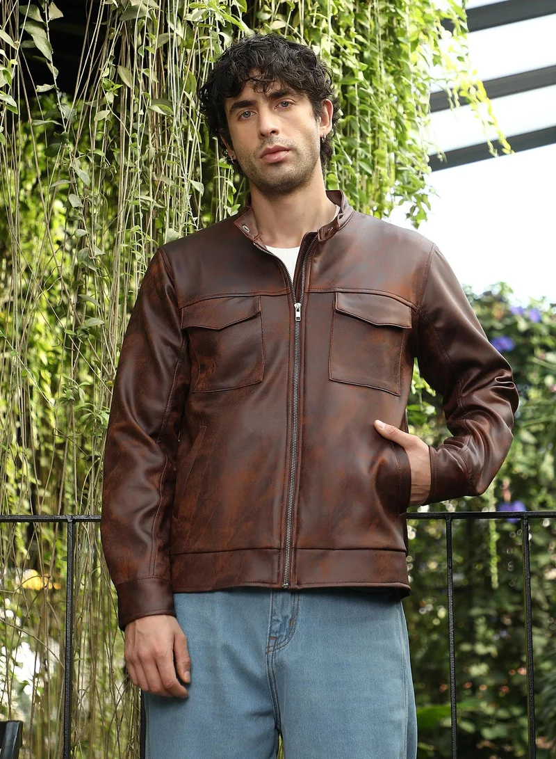 Campus Sutra Men's Teddy Brown Dye Utility-Twill Rider Jacket | سترة رايدر | كم طويل | مطبوعة | كاجوال ويومي | طوق الفرقة