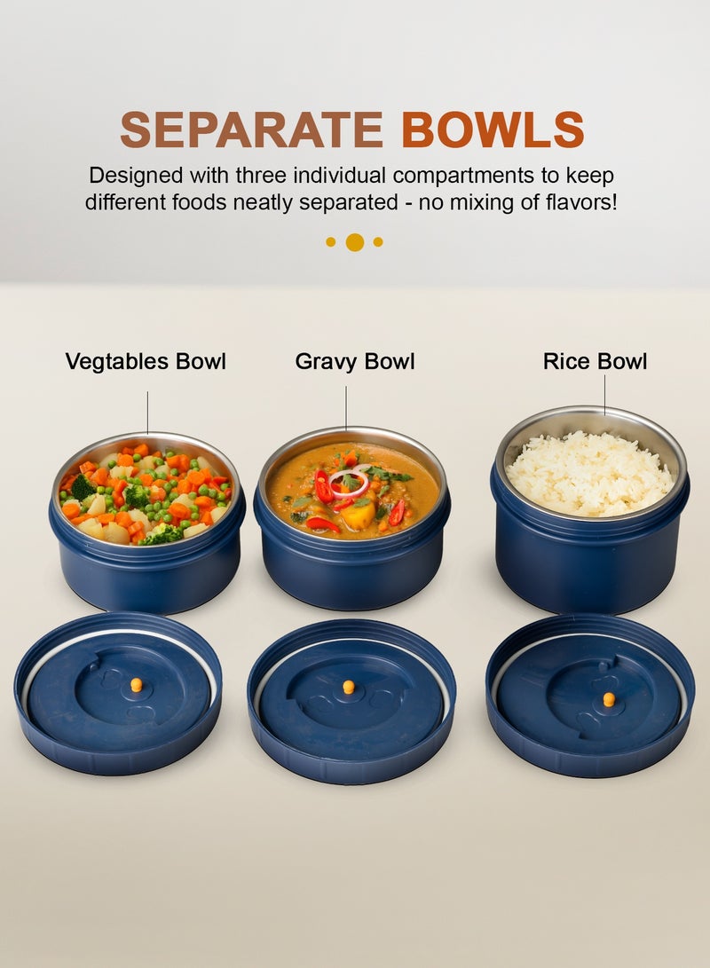 بيبي علبة غداء معزولة من الفولاذ المقاوم للصدأ للبالغين – 600 مل + 2×400 مل مجموعة حاويات حرارية مانعة للتسرب مع عزل مزدوج الجدار ومقاومة للحرارة – مثالية للاستخدام في المكتب (أزرق) - Image 3