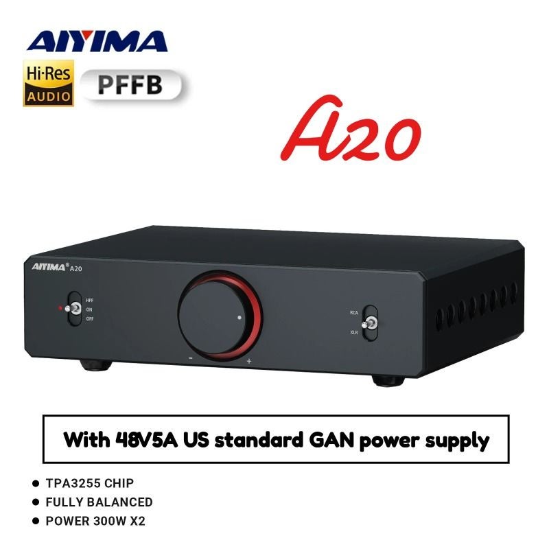 Aiyima A20 Pffb Tpa3255 HiFi Stereo Power Amplifier 300Wx2 with XLR RCA Fully Balanced Input High-Pass Filter Hpf, 48v5a US - Image 1