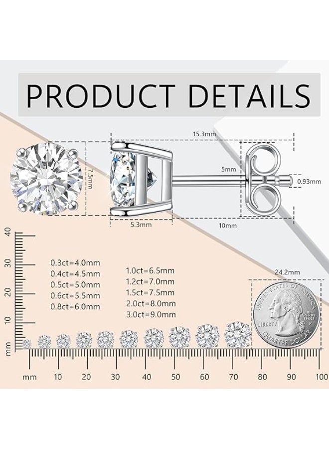 أقراط مسمارية، 0.6 قيراط - 2 قيراط، لون DF، قطع دائري رائع، ألماس مصنع مخبريًا، أقراط مطلية بالذهب الأبيض عيار 18 قيراط على الفضة مع ظهر احتكاكي للنساء والرجال - Image 4