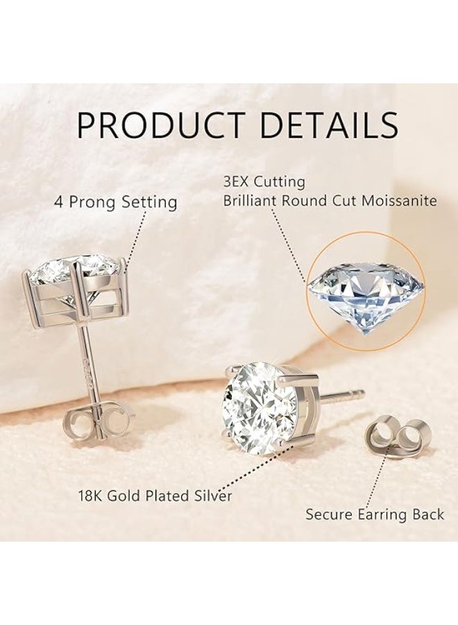 أقراط مسمارية، 0.6 قيراط - 2 قيراط، لون DF، قطع دائري رائع، ألماس مصنع مخبريًا، أقراط مطلية بالذهب الأبيض عيار 18 قيراط على الفضة مع ظهر احتكاكي للنساء والرجال - Image 3