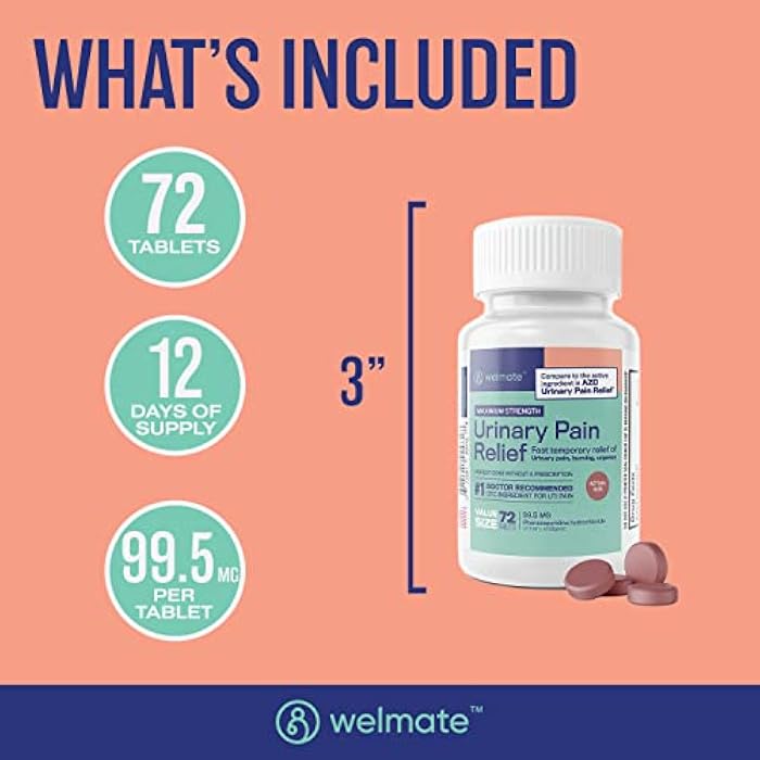WELMATE UTI Medicine Urinary Pain Relief Maximum Strength 72 Count - Phenazopyridine HCl 99.5mg Tablets, Fast Relief for Burning, Urgency, Bladder Infection Discomfort, OTC for Men and Women - Image 5