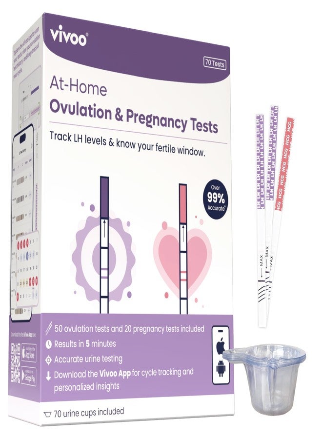 Vivoo Ovulation and Pregnancy Test Strips Kit — 50 LH Ovulation Tests + 20 HCG Pregnancy Tests + 70 Cups | 99.1% Accurate | 5-Min Results | Free App Cycle Tracker - Image 1