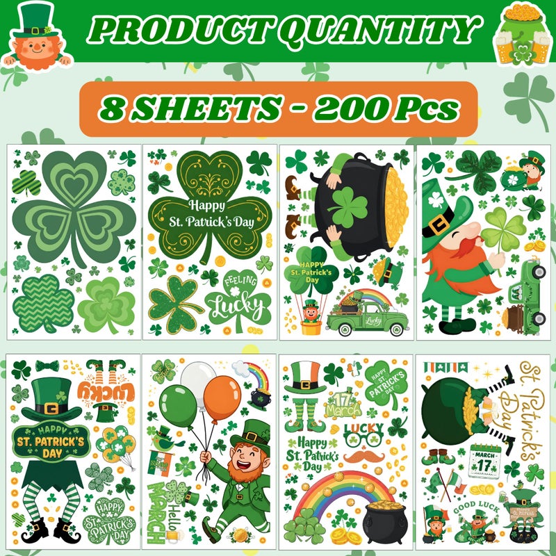 Backtopeia St Patricks Day Window Clings Stickers | 200Pcs St Patricks Clings Party Decorations Shamrock Rainbow Clovers Irish Holiday Craft Window Decal Indoor Outdoor Accessories Party Supplies DÃ©cor-8Sheets - Image 3