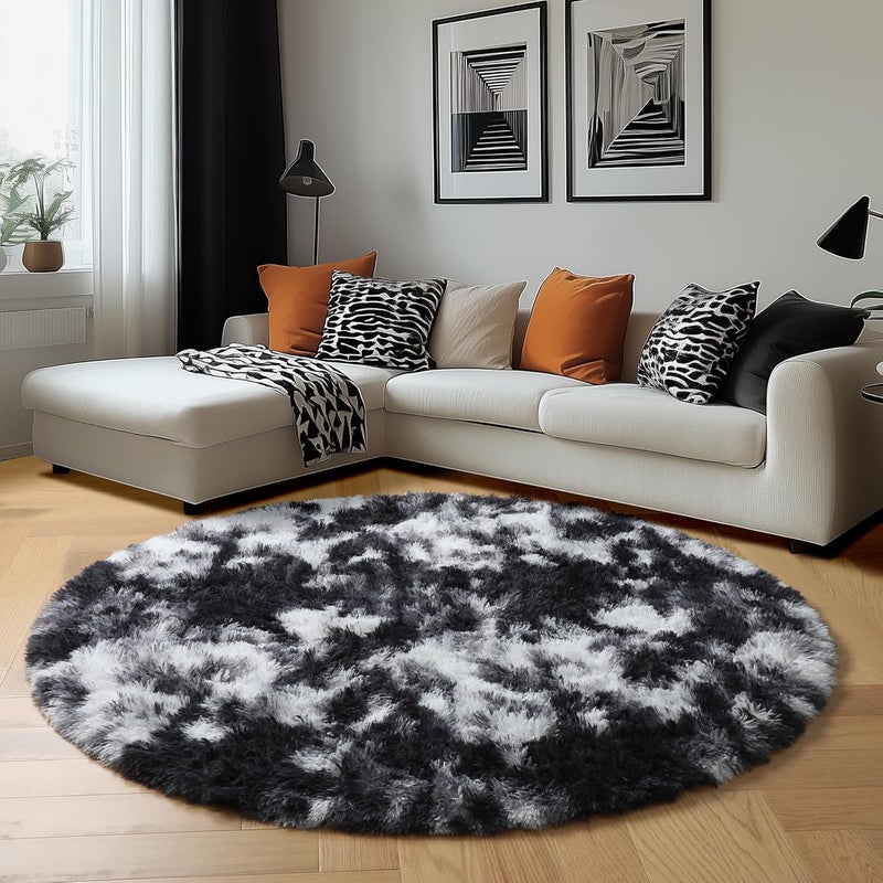 Amdrebio Black White Grey Round Rug 4Ft Circle Area Rugs for Bedroom Living Room, Fluffy Fuzzy Shaggy Furry Rugs for Kids Room Dorm Home Office, Shag Plush Floor Modern Cool Carpet for Men Teen Boys - Image 5