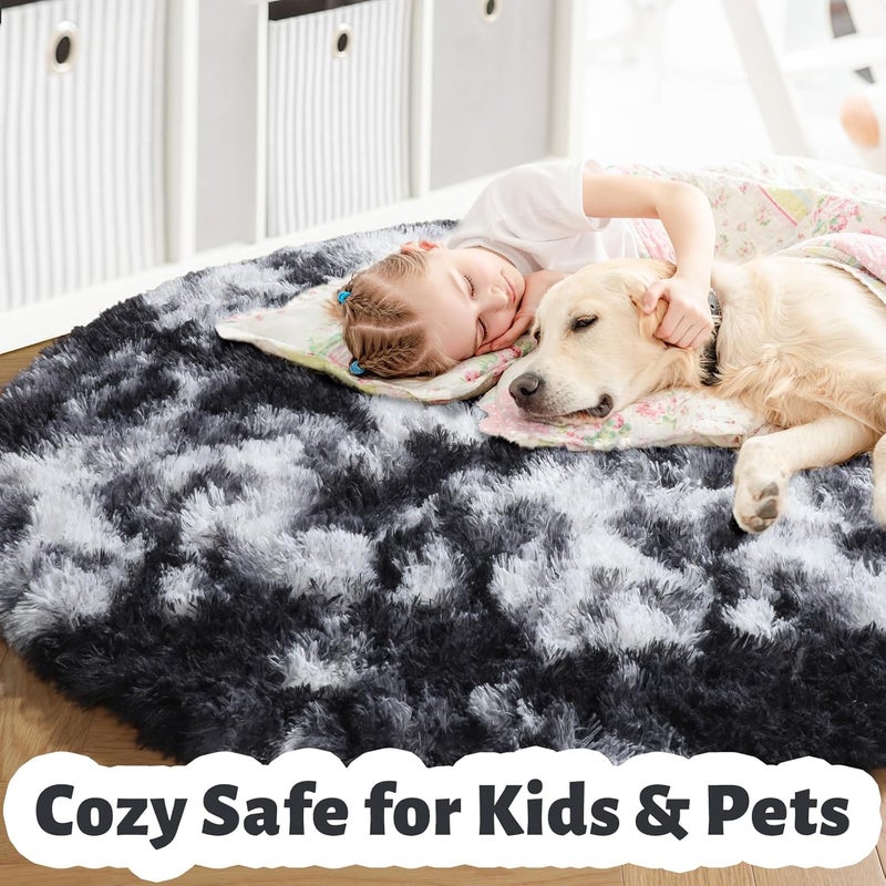 Amdrebio Black White Grey Round Rug 4Ft Circle Area Rugs for Bedroom Living Room, Fluffy Fuzzy Shaggy Furry Rugs for Kids Room Dorm Home Office, Shag Plush Floor Modern Cool Carpet for Men Teen Boys - Image 4