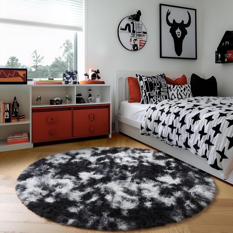 Amdrebio Black White Grey Round Rug 4Ft Circle Area Rugs for Bedroom Living Room, Fluffy Fuzzy Shaggy Furry Rugs for Kids Room Dorm Home Office, Shag Plush Floor Modern Cool Carpet for Men Teen Boys - Image 3