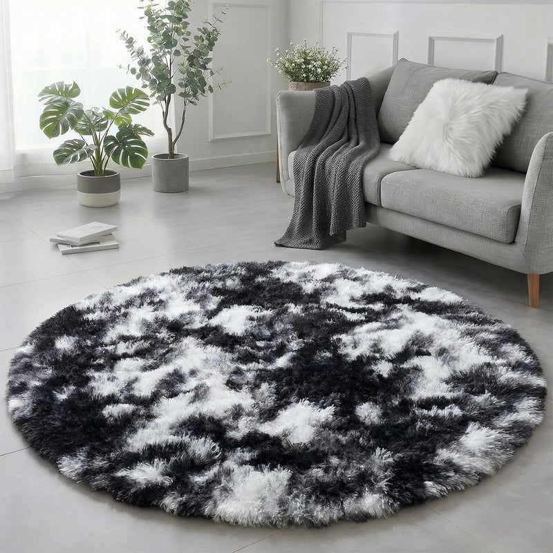 Amdrebio Black White Grey Round Rug 4Ft Circle Area Rugs for Bedroom Living Room, Fluffy Fuzzy Shaggy Furry Rugs for Kids Room Dorm Home Office, Shag Plush Floor Modern Cool Carpet for Men Teen Boys - Image 1