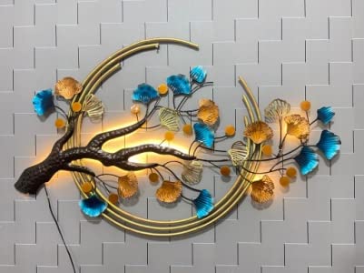 Decornus Decornus Metal Wall Decor art Ethnic Handcrafted Metal 3 Ring Trunk Tree for Home Living Room Wall Decorative Tree Wall Art Golden Tree with LED light - Image 1