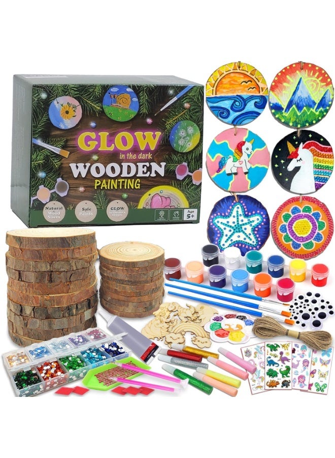 Home Smart Glow in The Dark Wooden Painting kit for Toddlers Kids Deluxe Wooden Painting set with wood slice, wood cartoon ornaments, glowing paint, brushes, glitter glue, drill clay, diamond trays, diamonds, glue, color palette, diamond pen, markers, paint, felt sheet, wiggle eyes, jute twine and instruction manual Gift for your loved ones - Image 1