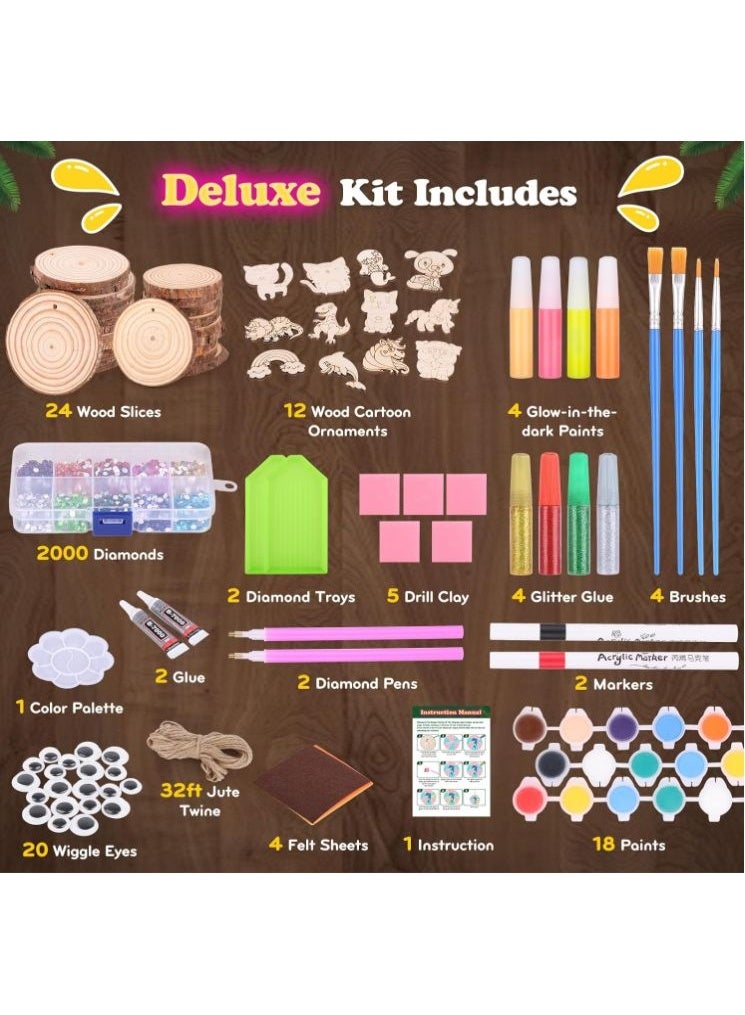 Home Smart Glow in The Dark Wooden Painting kit for Toddlers Kids Deluxe Wooden Painting set with wood slice, wood cartoon ornaments, glowing paint, brushes, glitter glue, drill clay, diamond trays, diamonds, glue, color palette, diamond pen, markers, paint, felt sheet, wiggle eyes, jute twine and instruction manual Gift for your loved ones - Image 3