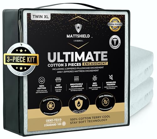 MATTSHIELD ORIGINAL MATTSHIELD Ultimate 3-Piece Kit - Bed Bug-Proof Mattress Cover Full Size 100% Cotton Top + 2 Pillow Protectors with Zipper - 6 Sided Waterproof Encasement, Total Defense Kit - Image 1