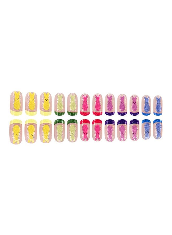 OFDNE Easter Press on Nails Short Square OFDNE French Tip Fake Nails False Nails with Designs Colorful Cute Rabbit Full Cover Glossy Glue on Nails Stick on Nails for Women Girls 24 Pcs - Image 5