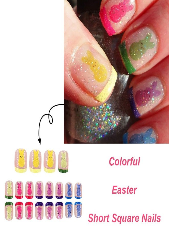 OFDNE Easter Press on Nails Short Square OFDNE French Tip Fake Nails False Nails with Designs Colorful Cute Rabbit Full Cover Glossy Glue on Nails Stick on Nails for Women Girls 24 Pcs - Image 3