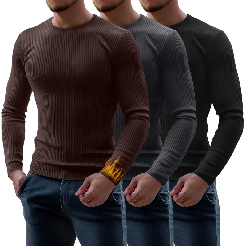 Riyiper 3 Pack Men's Ribbed Thermal Shirts Crew Neck Long Sleeve Tops Winter Stretchy Slim Basic Undershirt(XL,Black, Charcoal Gray, Dark Brown) - Image 1