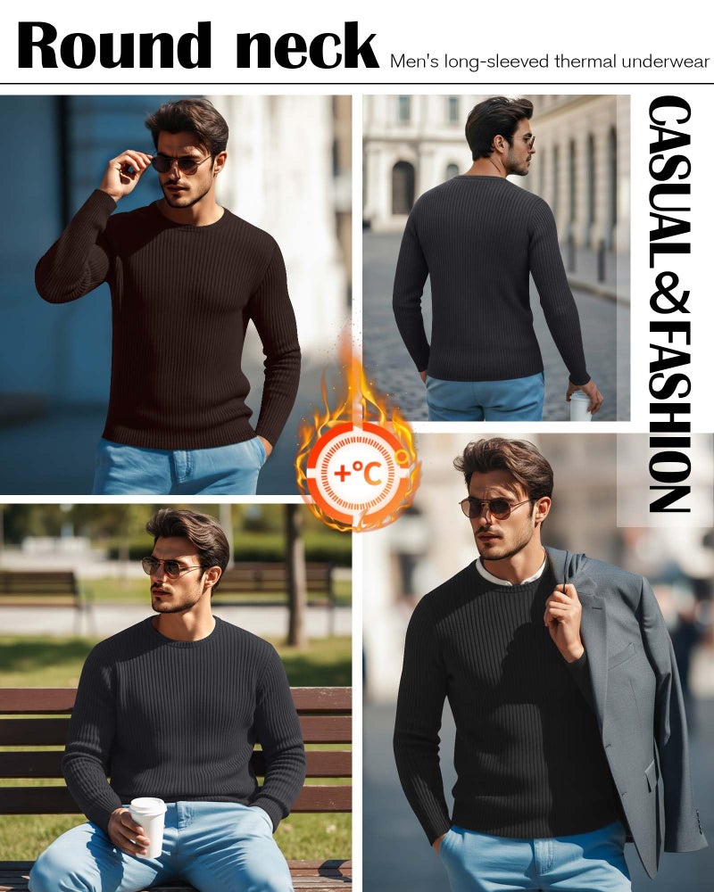 Riyiper 3 Pack Men's Ribbed Thermal Shirts Crew Neck Long Sleeve Tops Winter Stretchy Slim Basic Undershirt(XL,Black, Charcoal Gray, Dark Brown) - Image 5