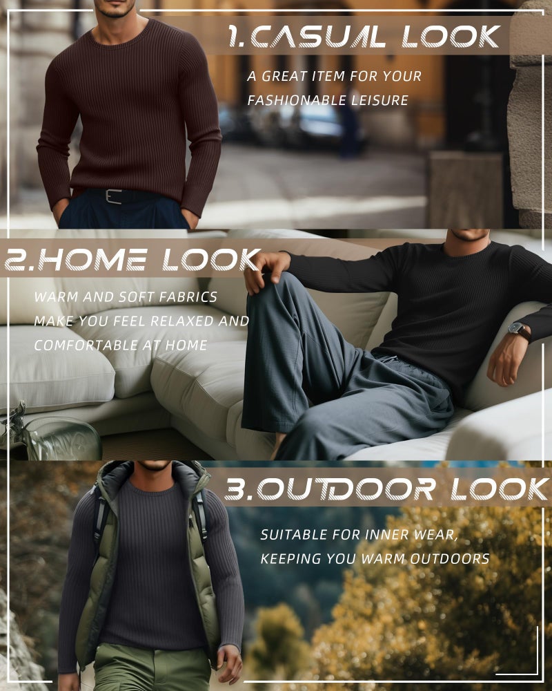 Riyiper 3 Pack Men's Ribbed Thermal Shirts Crew Neck Long Sleeve Tops Winter Stretchy Slim Basic Undershirt(XL,Black, Charcoal Gray, Dark Brown) - Image 2