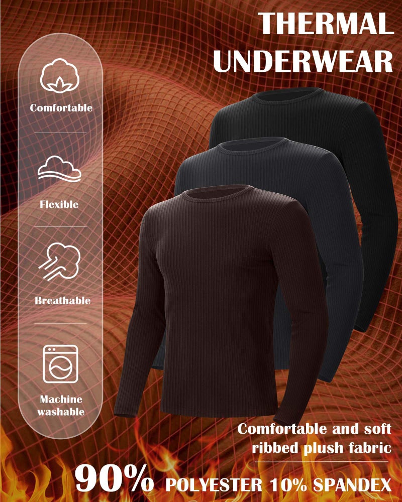 Riyiper 3 Pack Men's Ribbed Thermal Shirts Crew Neck Long Sleeve Tops Winter Stretchy Slim Basic Undershirt(XL,Black, Charcoal Gray, Dark Brown) - Image 4