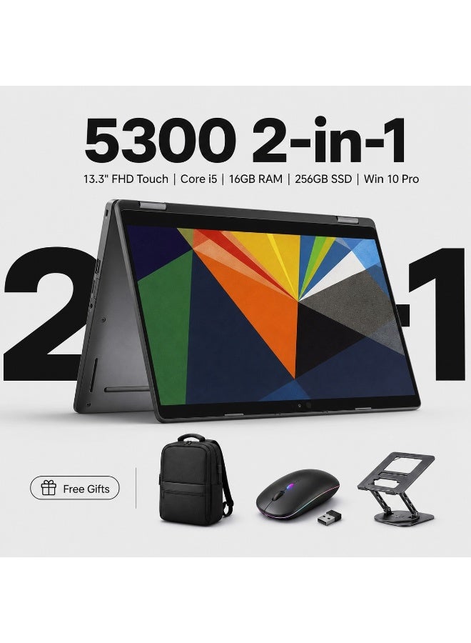 لابتوب 5300 2 في 1 بشاشة لمس، شاشة FHD مقاس 13.3 بوصة بدقة 1920×1080، تصميم قابل للتحويل 360 درجة، Intel Core i5-8365U حتى 3.9 جيجاهرتز، رام 16GB DDR4، SSD 256GB، Windows 10 Pro، حقيبة وماوس وحامل - Image 1