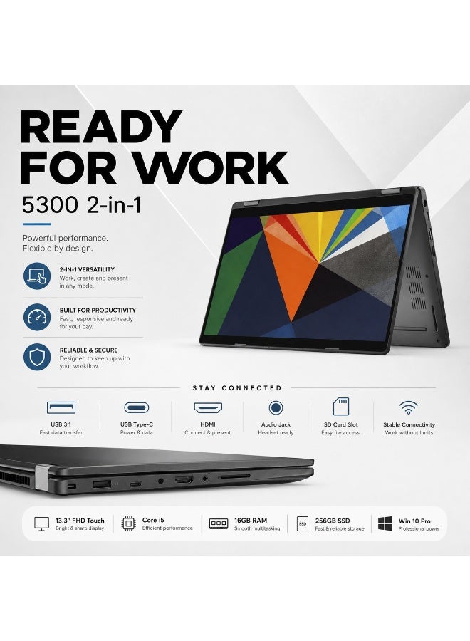 لابتوب 5300 2 في 1 بشاشة لمس، شاشة FHD مقاس 13.3 بوصة بدقة 1920×1080، تصميم قابل للتحويل 360 درجة، Intel Core i5-8365U حتى 3.9 جيجاهرتز، رام 16GB DDR4، SSD 256GB، Windows 10 Pro، حقيبة وماوس وحامل - Image 2