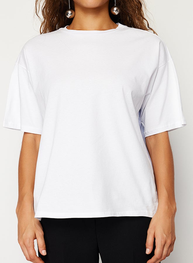 trendyol White Striped Poplin Detail Oversize/Wide Fit Knitted T-Shirt TWOSS24TS00006 - Image 3