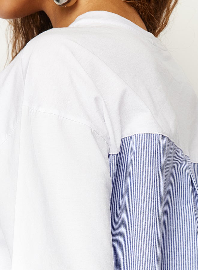 trendyol White Striped Poplin Detail Oversize/Wide Fit Knitted T-Shirt TWOSS24TS00006 - Image 4