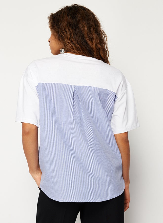 trendyol White Striped Poplin Detail Oversize/Wide Fit Knitted T-Shirt TWOSS24TS00006 - Image 5