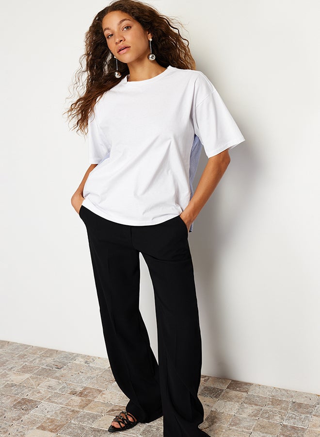 trendyol White Striped Poplin Detail Oversize/Wide Fit Knitted T-Shirt TWOSS24TS00006 - Image 2