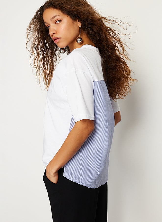trendyol White Striped Poplin Detail Oversize/Wide Fit Knitted T-Shirt TWOSS24TS00006 - Image 1