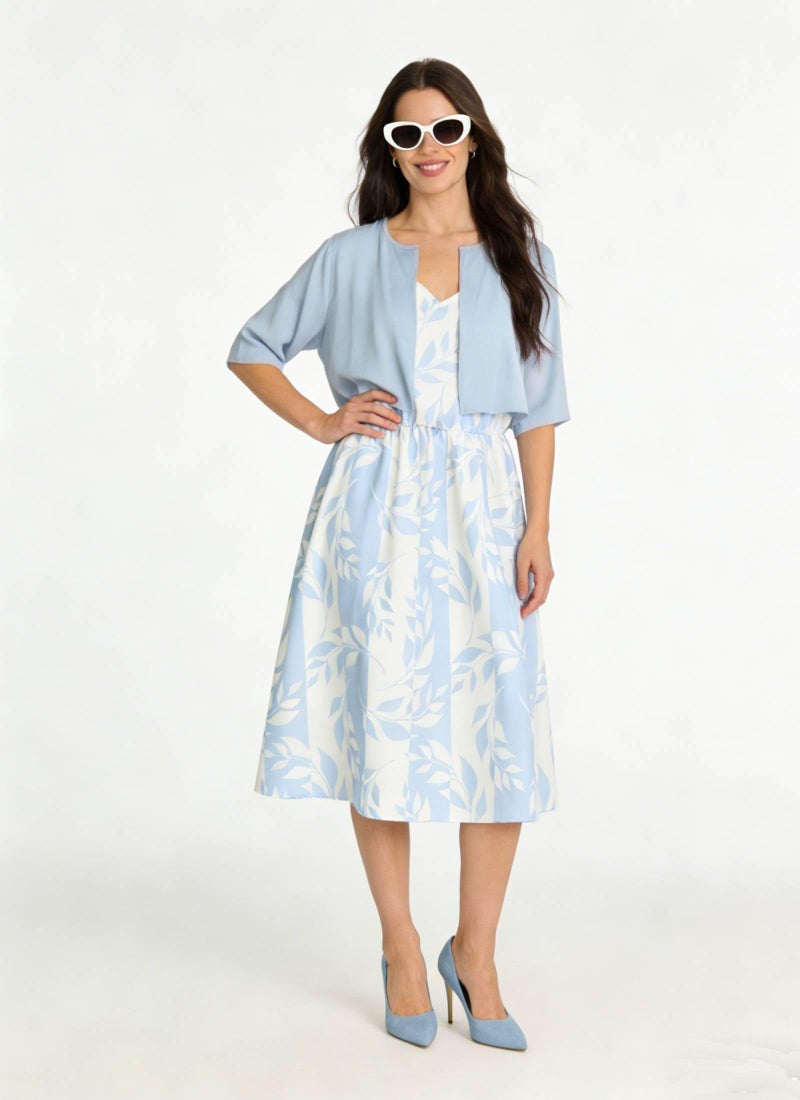 XNC Womens 2 Piece Set Fashion Fresh Plant Print Midi Dress V-Neck Half Sleeve with Jacket A-line Dresses Lounge Outfits - Image 2