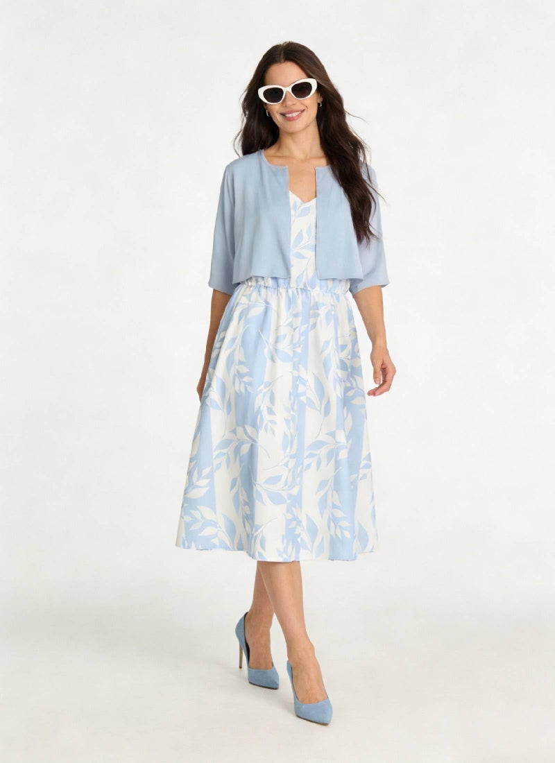 XNC Womens 2 Piece Set Fashion Fresh Plant Print Midi Dress V-Neck Half Sleeve with Jacket A-line Dresses Lounge Outfits - Image 4
