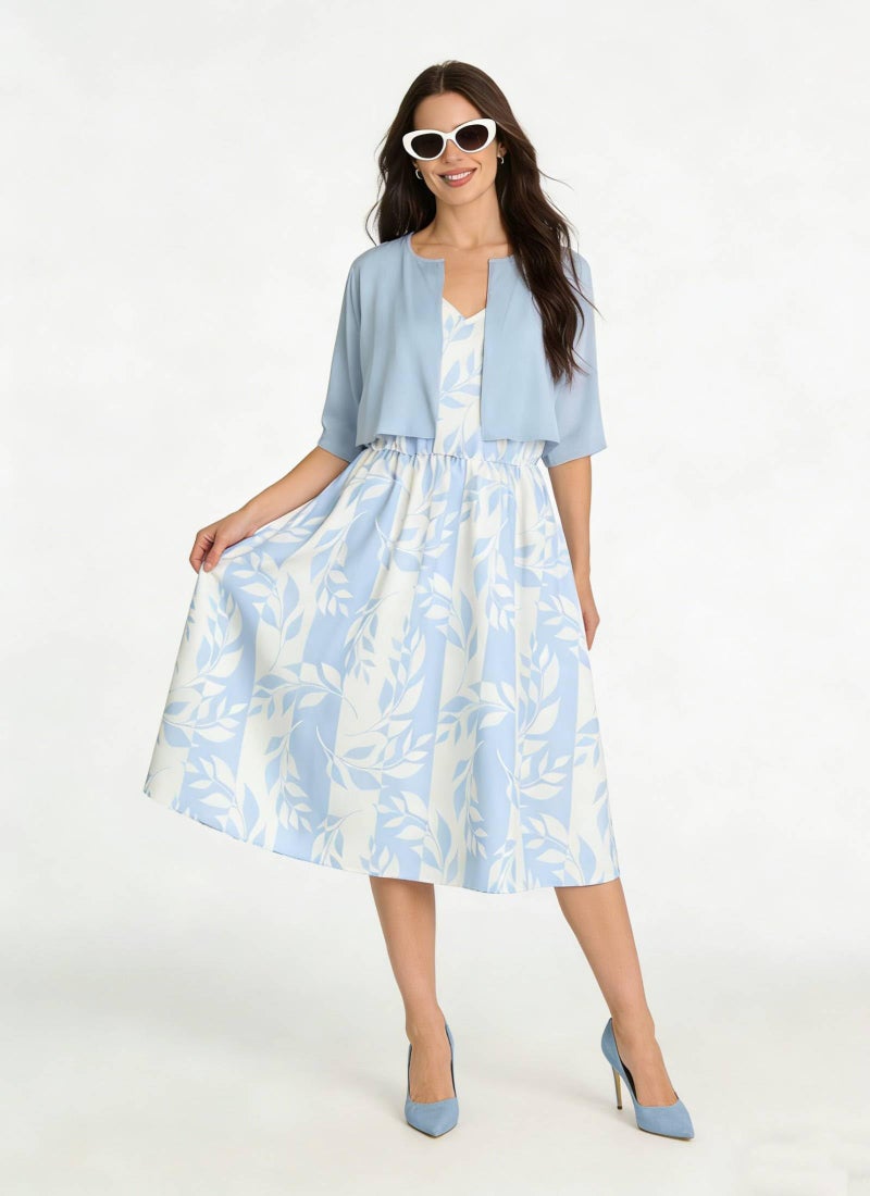 XNC Womens 2 Piece Set Fashion Fresh Plant Print Midi Dress V-Neck Half Sleeve with Jacket A-line Dresses Lounge Outfits - Image 3