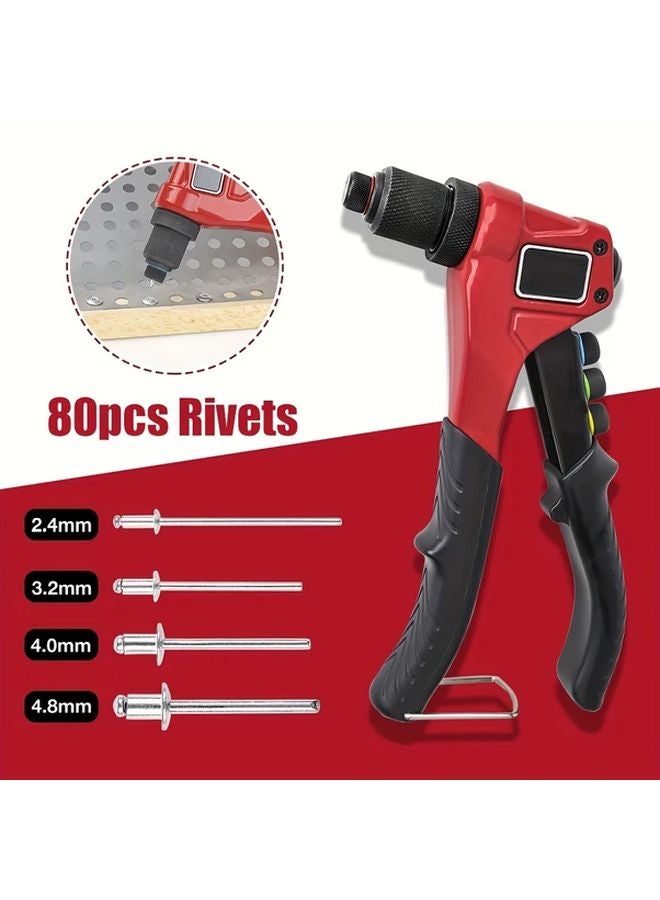 Red Rivet Gun Set 4 In 1 With 80 Rivets 4 Replaceable Heads Heavy Duty One Hand Riveting Tool For DIY Home Repair - Image 2