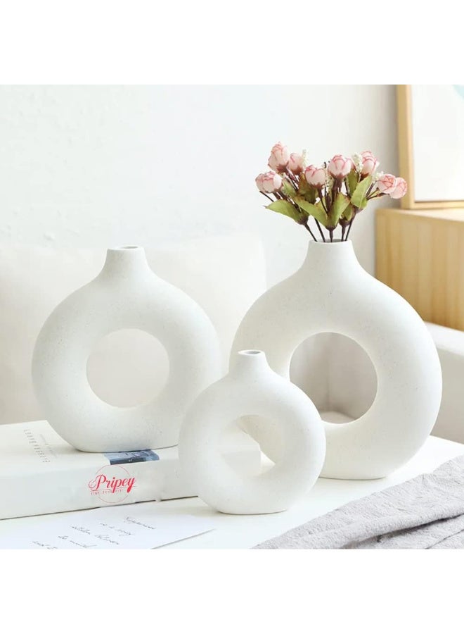 NAMA white concrete  Vase Set of 3, Round Hollow Matte Donut Flower Vases, Modern Boho Pampas Grass Decorative Vase for Wedding, Living Room, Office, Entrance, Mantle, Dining Table, Shelf Decoration Vase (without flowers) - Image 1