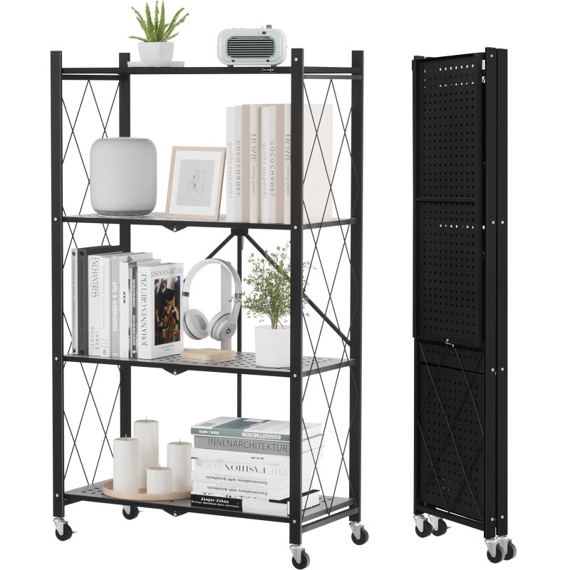 ALANNG Storage Shelves with Wheels Bookshelf with Storage No Assembly Metal Rack Cart for Kitchen Office Laundry Garage 4 Tier Black
