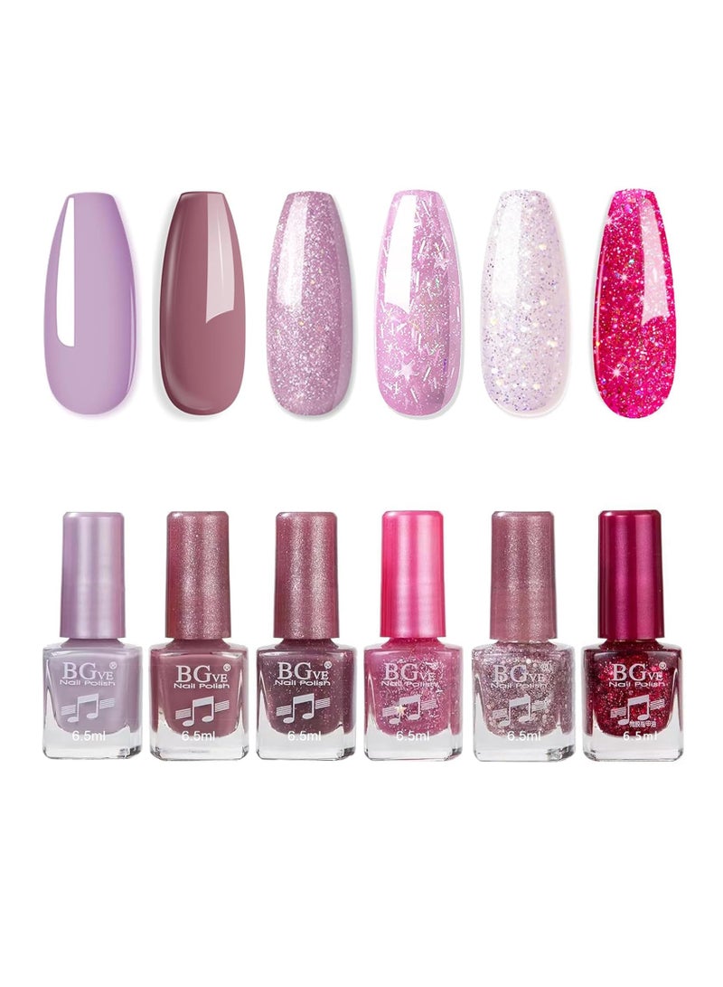 KASTWAVE Nail Polish Set Glitter Nail Varnish Sets, Quick Dry & Long Lasting Purple Nail Polish, 6PCS Sparkly Purple Oil-Based Formula Nail Polish Gift Set - No Need Cure for DIY Nail Art - Image 1