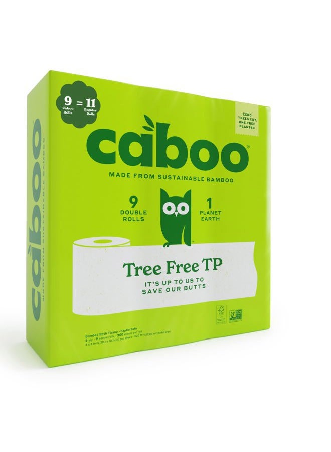 CABOO Tree Free Bamboo Toilet Paper, Plastic Free, Eco Friendly Chemical Septic Safe Biodegradable Bath Tissue, Quick Dissolving 2 Ply Sheets, 300 Sheets Per Roll, 9 Double Rolls - Image 1