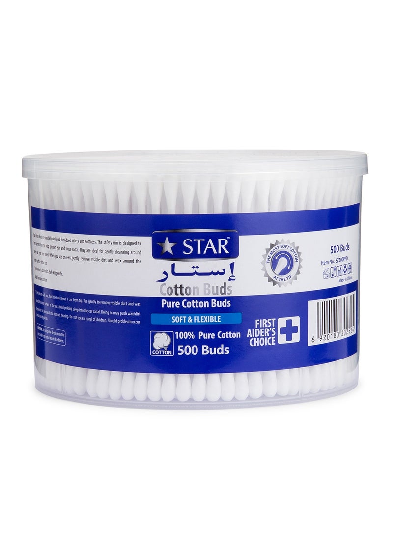 Star Cotton Swabs 500 Pieces - Soft & Flexible Ear Buds - 100% Pure Cotton Double-Ended Cotton Buds - Premium Quality Disposable Swabs - For Babies, Personal Care & Cleaning - Assorted Colors  - Image 1