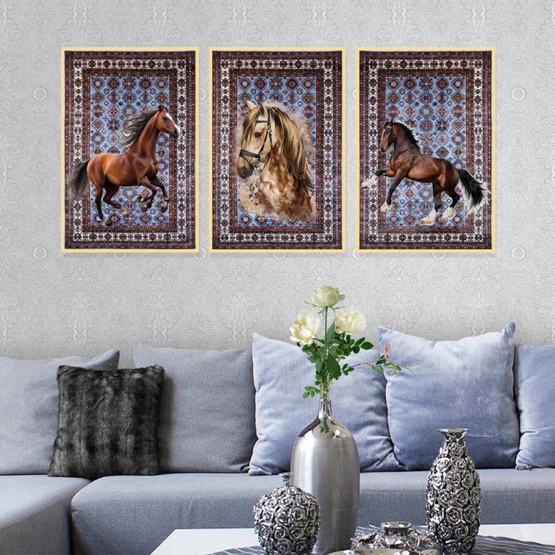 Marktna Three canvas paintings with a horse design and a hollow frame, measuring (150×70), three pieces - Image 2