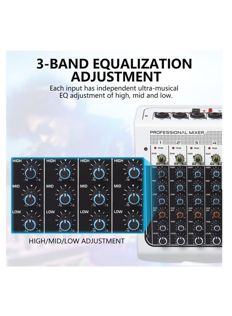 Audio Mixer, 6 Channel DJ Mixer Sound Board Console, 3-Band Equalization Adjustment, with USB MP3 Bluetooth Input 48V, Fit for Live Performance Home Stage, Karaoke, Live Streaming Online - Image 3