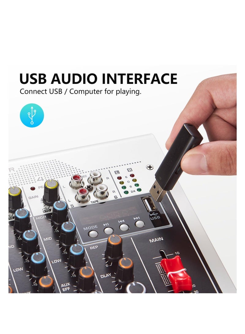 Audio Mixer, 6 Channel DJ Mixer Sound Board Console, 3-Band Equalization Adjustment, with USB MP3 Bluetooth Input 48V, Fit for Live Performance Home Stage, Karaoke, Live Streaming Online - Image 5