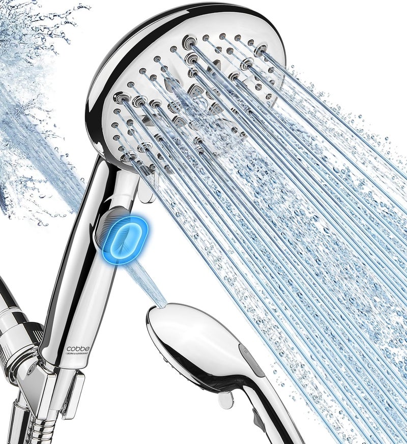 Cobbe High Pressure Shower Head with Builtin Pause Button 9Function Detachable Showerhead with Handheld Brass Swivel Bracket Stainless Steel Hose Water Saving 1Click Stop Chrome