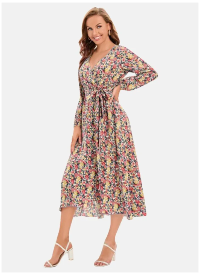 YUNIQEE Multicoloured Floral Printed V-Neck Puff Sleeves Gathered Fit & Flare Midi Dress